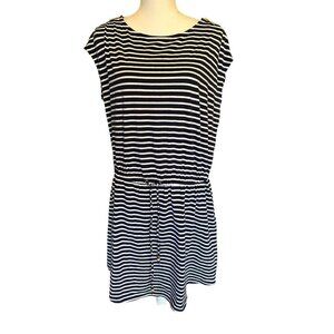 Michael Kors Women's Striped Dress Sz Large White Navy Blue Cotton Blend Stretch